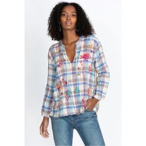 Johnny Was Viviana Effortless Silk & Cotton Blouse Size Large Floral Plaid